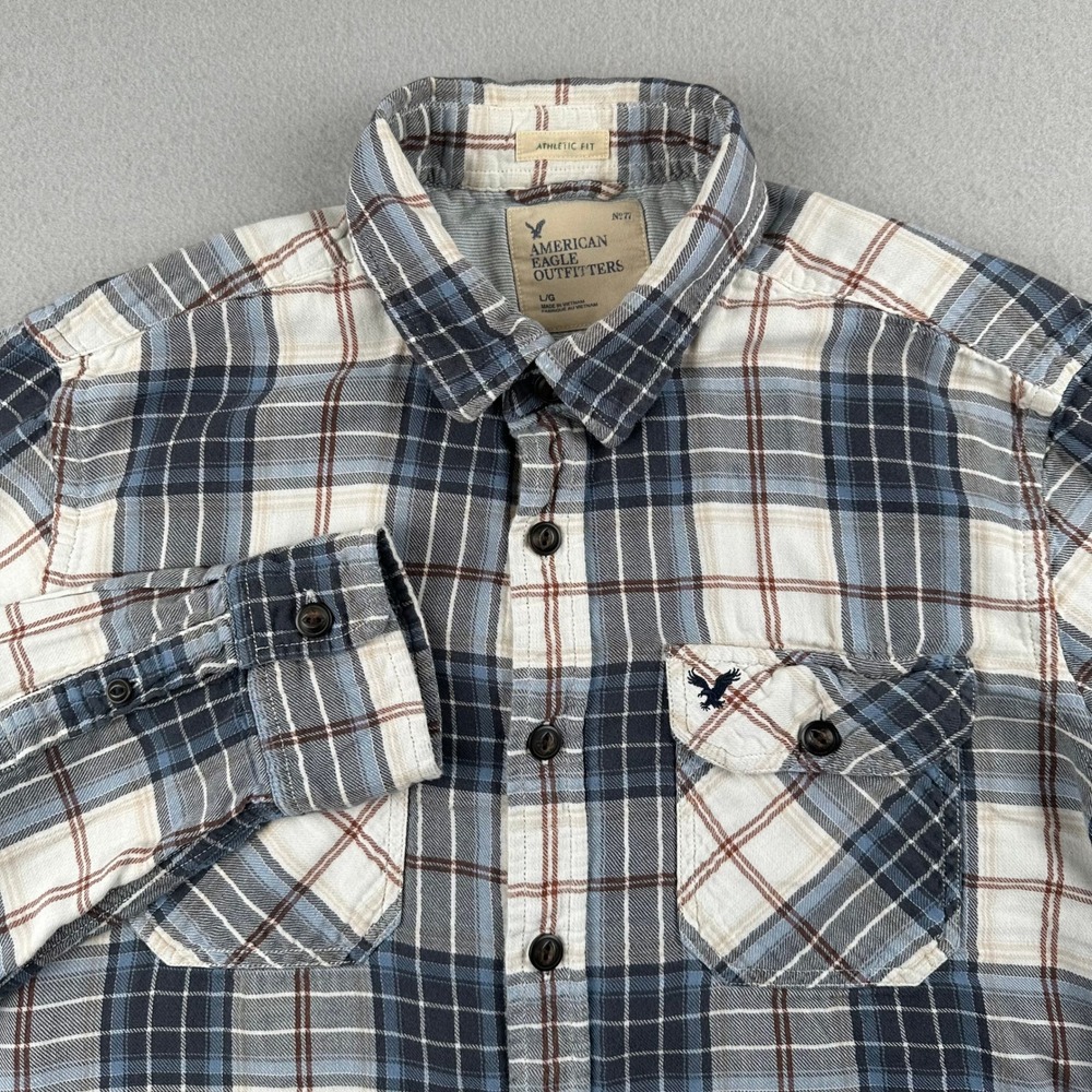 American Eagle Plaid Shirt Mens Large Blue Athletic Fit Cotton Long Sleeve L